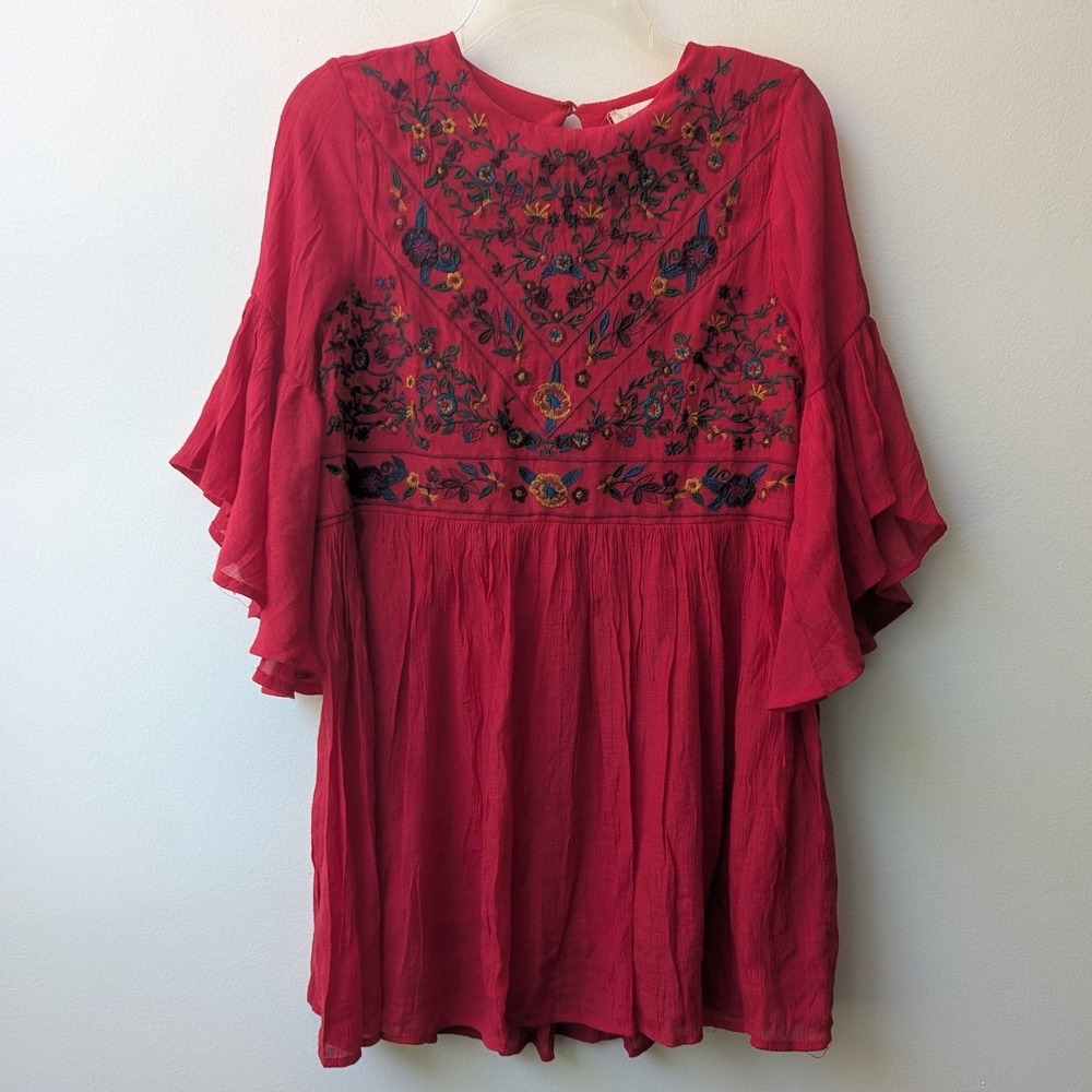 Altar'd State Mini Dress Red Embroidered Floral Bell Sleeve Sz S Boho Babydoll